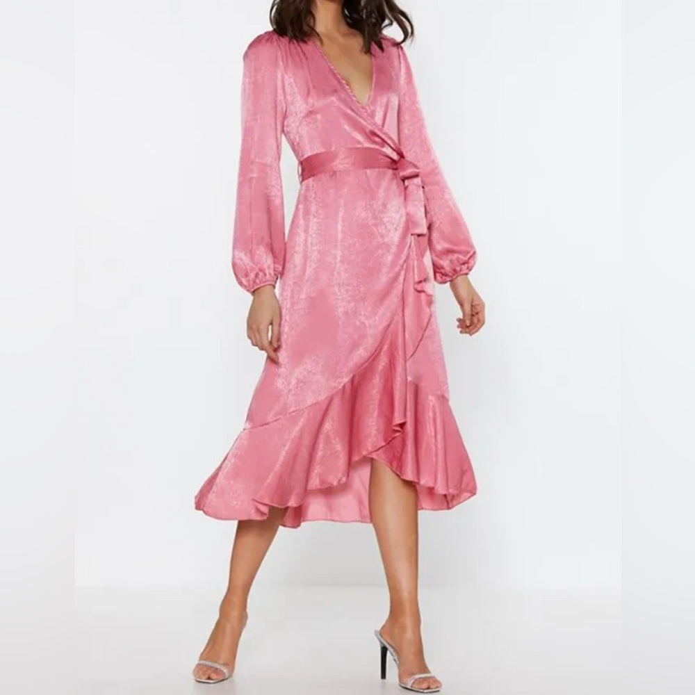 NWT Nasty Gal Pink Satin Wrap Dress